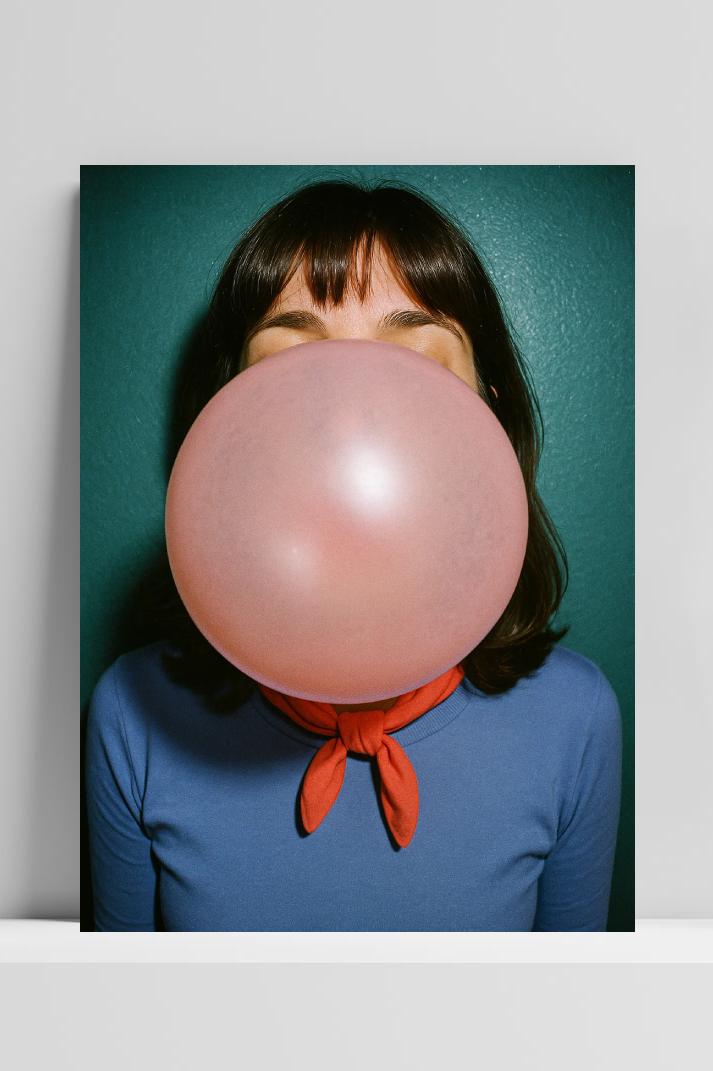 Bubblegum Retro Woman Playful Portrait in interieur