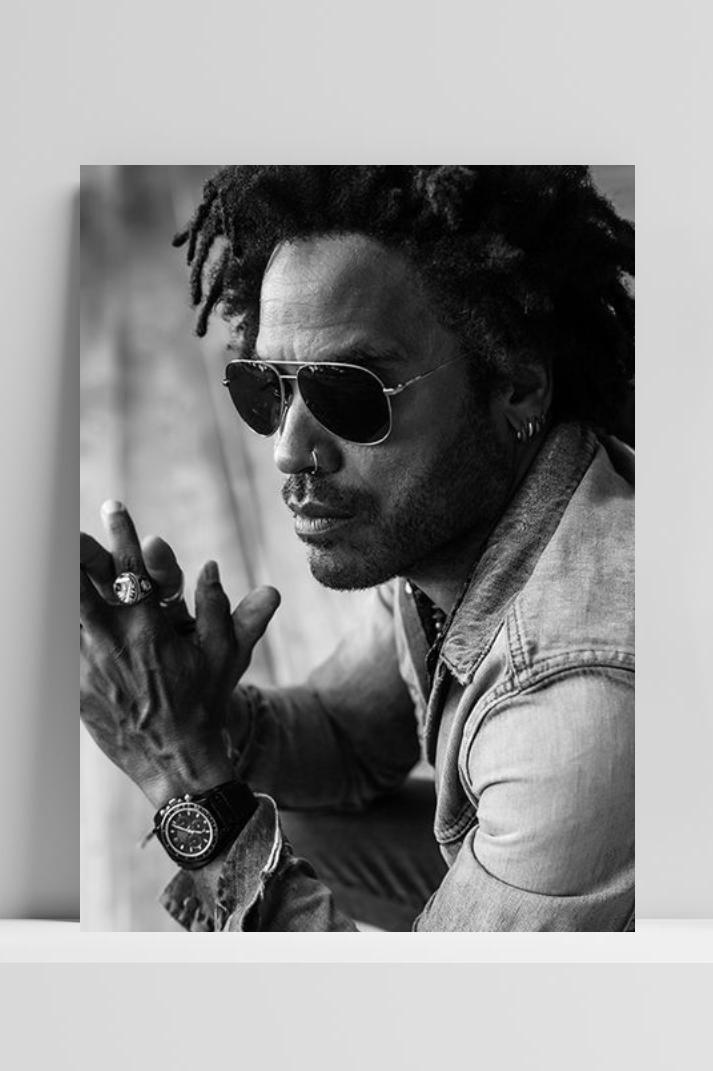 Lenny Kravitz Zwart Wit op 3mm aluminium dibond