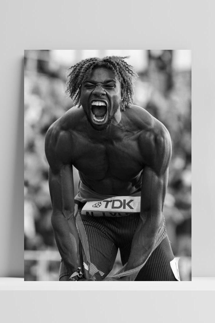 Noah Lyles Zwart Wit op 3mm aluminium dibond