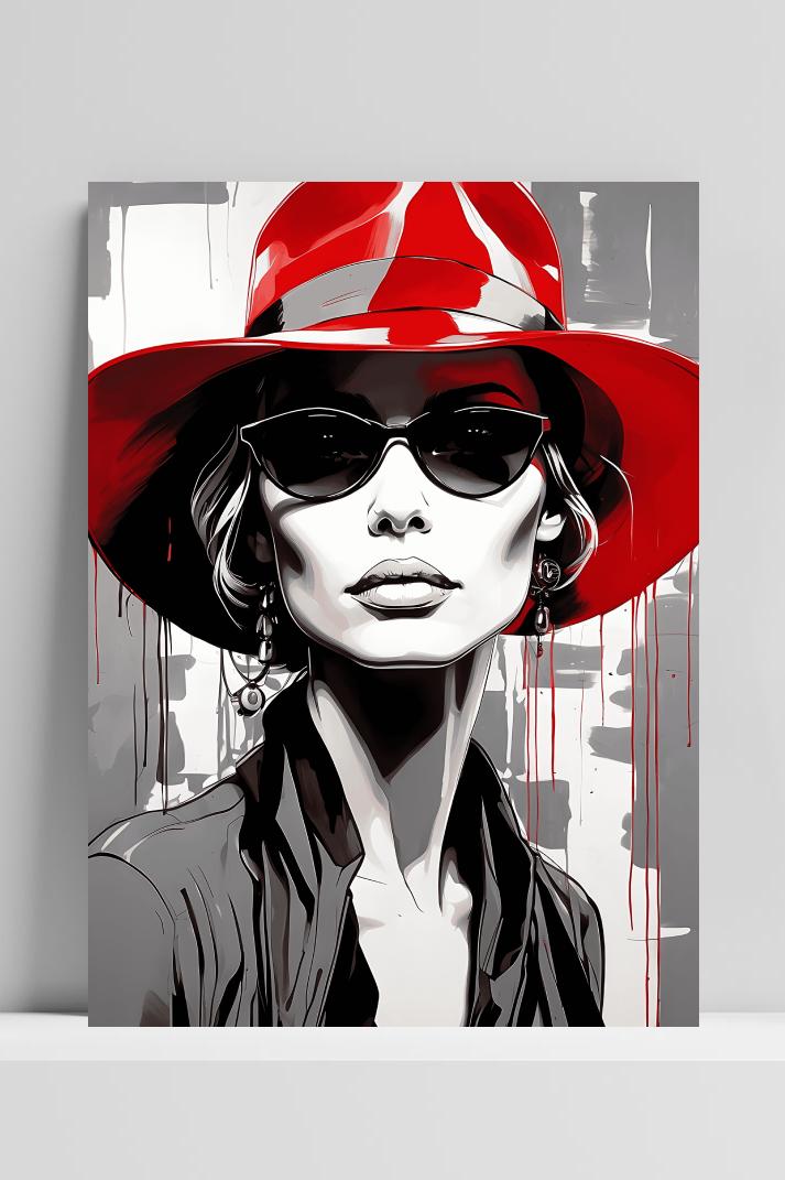 Zwart Wit Rode Hoed op 3mm aluminium dibond