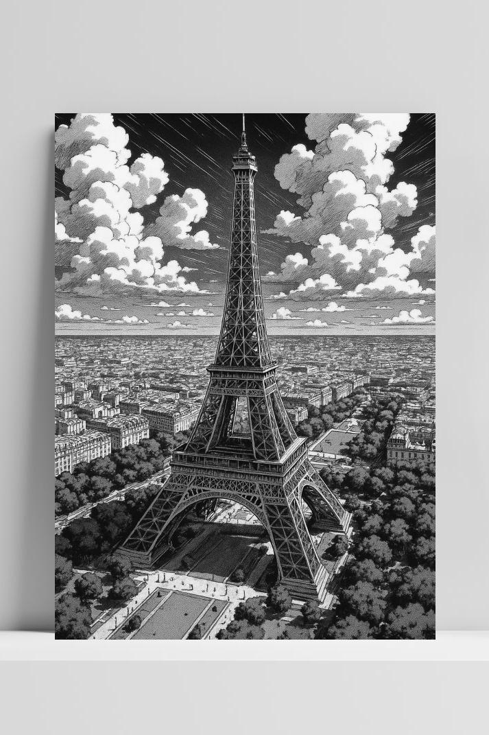 Eiffel Tower Paris B&W op 3mm aluminium dibond