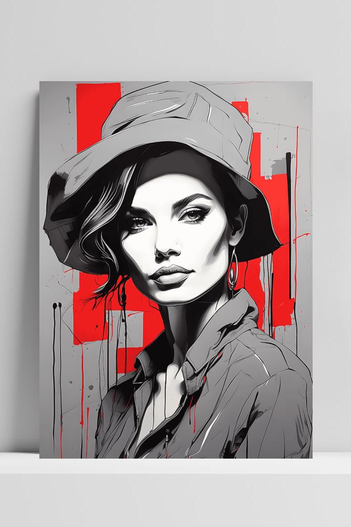 Vrouw Grijs Rood op 3mm aluminium dibond