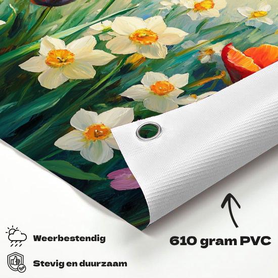 Tuinposter Bloemen Vlinders materiaal-detail: 610 grams weerbestendig PVC-doek