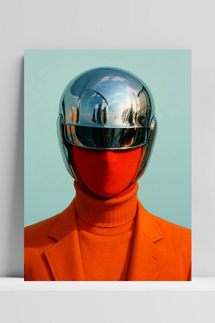 Futuristic Fashion Portrait Sci-Fi Helmet im Interieur