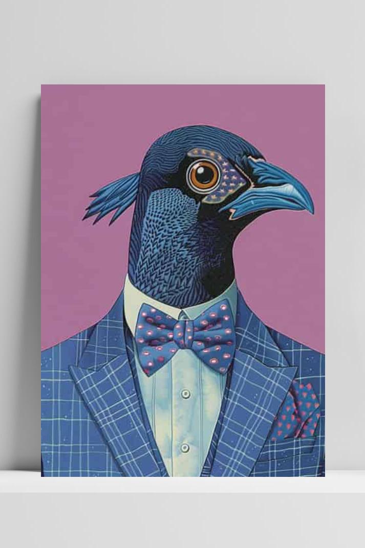Vogel in een Pak op 3mm aluminium dibond