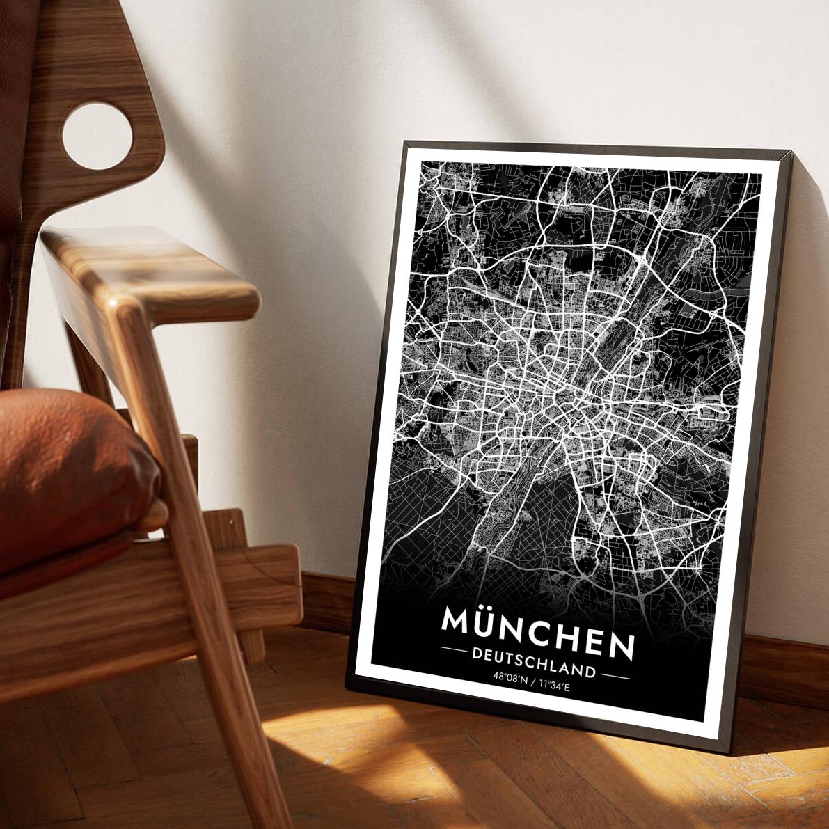 München Map Deutschland Black poster sfeerbeeld 1