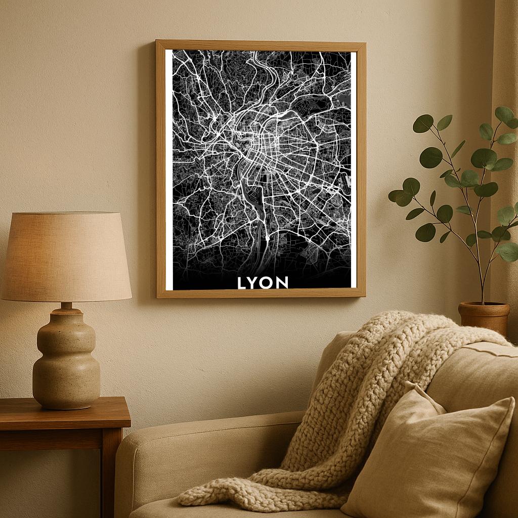 Lyon Map France Black poster sfeerbeeld 2