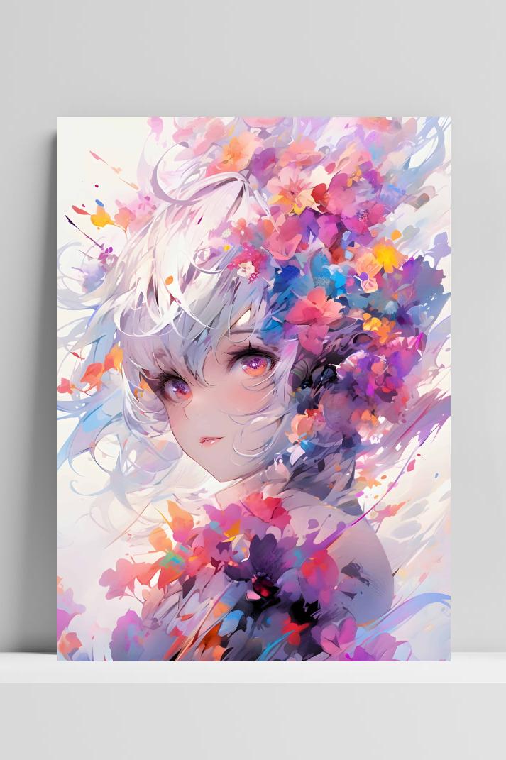Bloemen Anime Meisje op 3mm aluminium dibond