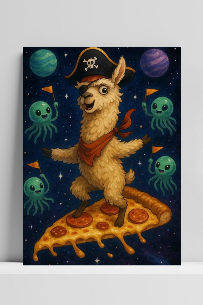 Llama Pizza Space Cartoon op 3mm aluminium dibond
