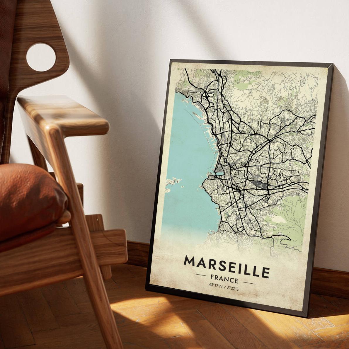 Marseille Map France Vintage poster sfeerbeeld 1