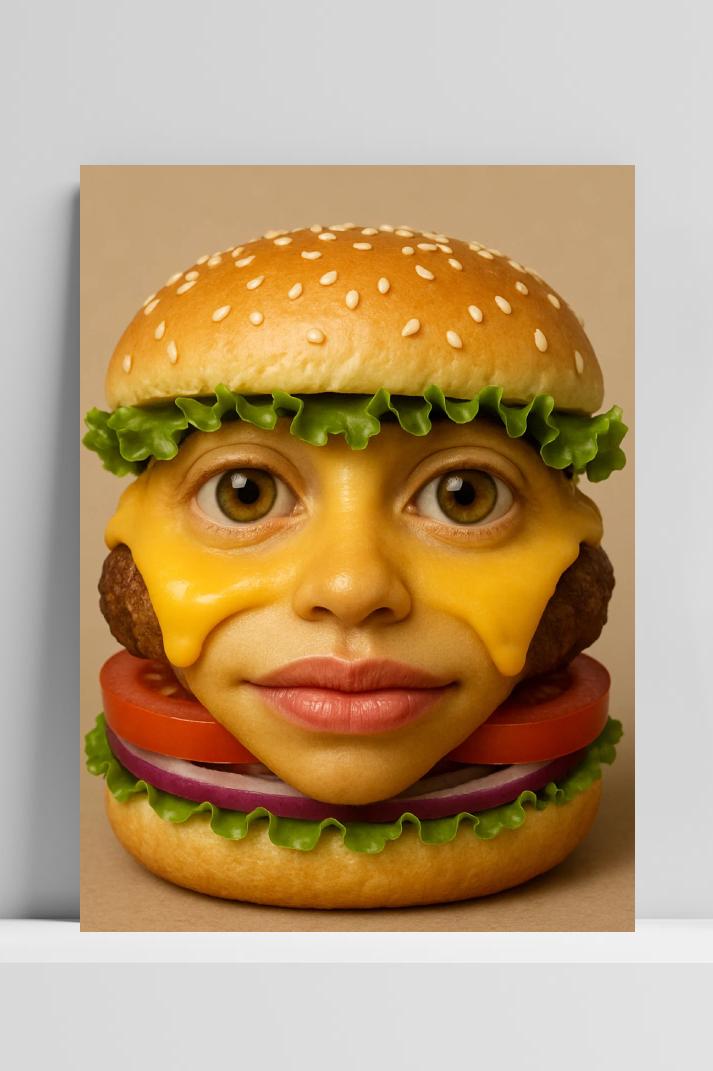 Burger Face Surrealism Fantasy im Interieur