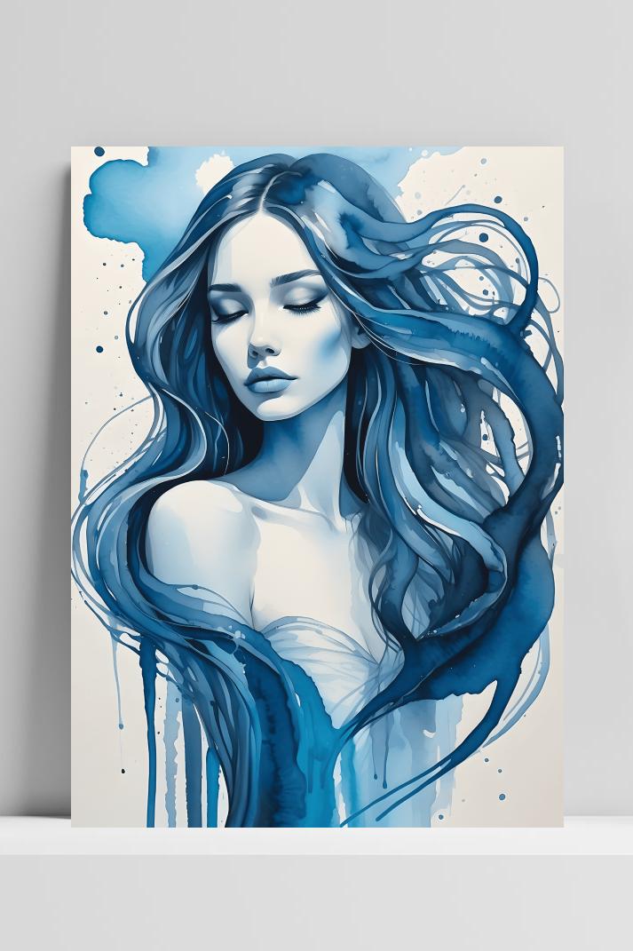 Vrouw in Blauw op 3mm aluminium dibond