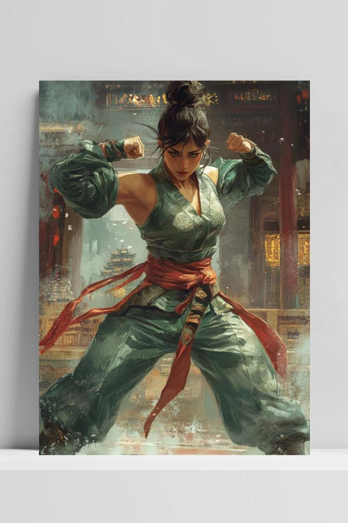 Woman Fighter Martial Arts Pose im Interieur