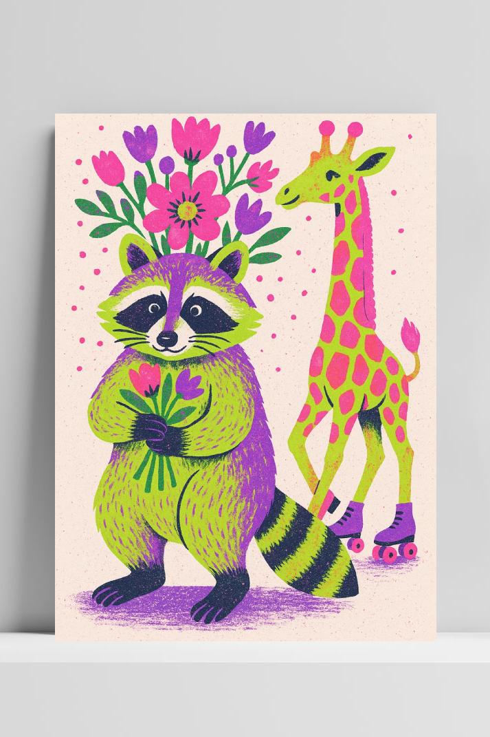Raccoon Giraffe op 3mm aluminium dibond