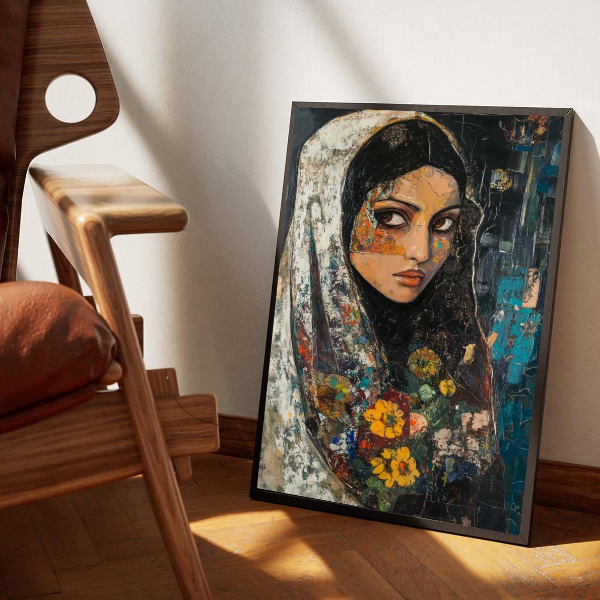 Woman Headscarf Aquarel en un interior