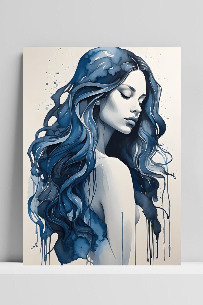 Vrouw in Blauw Aquarel op 3mm aluminium dibond