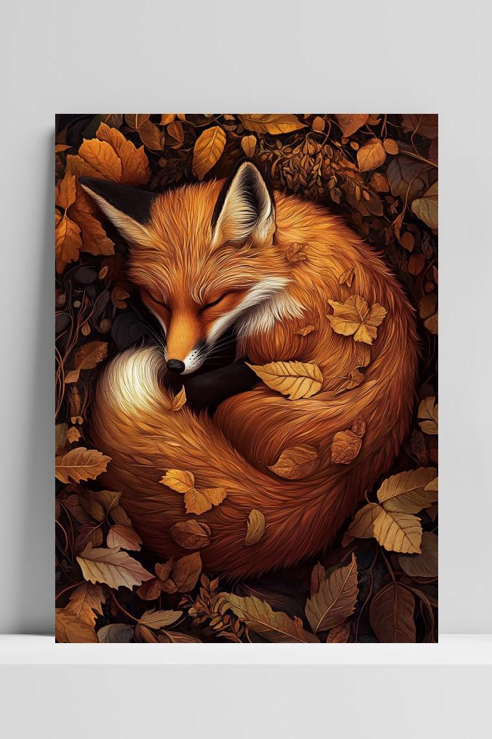 Sleeping Fox Autumn Leaves op 3mm aluminium dibond
