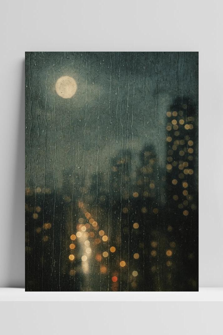 Raindrops Window Night op 3mm aluminium dibond