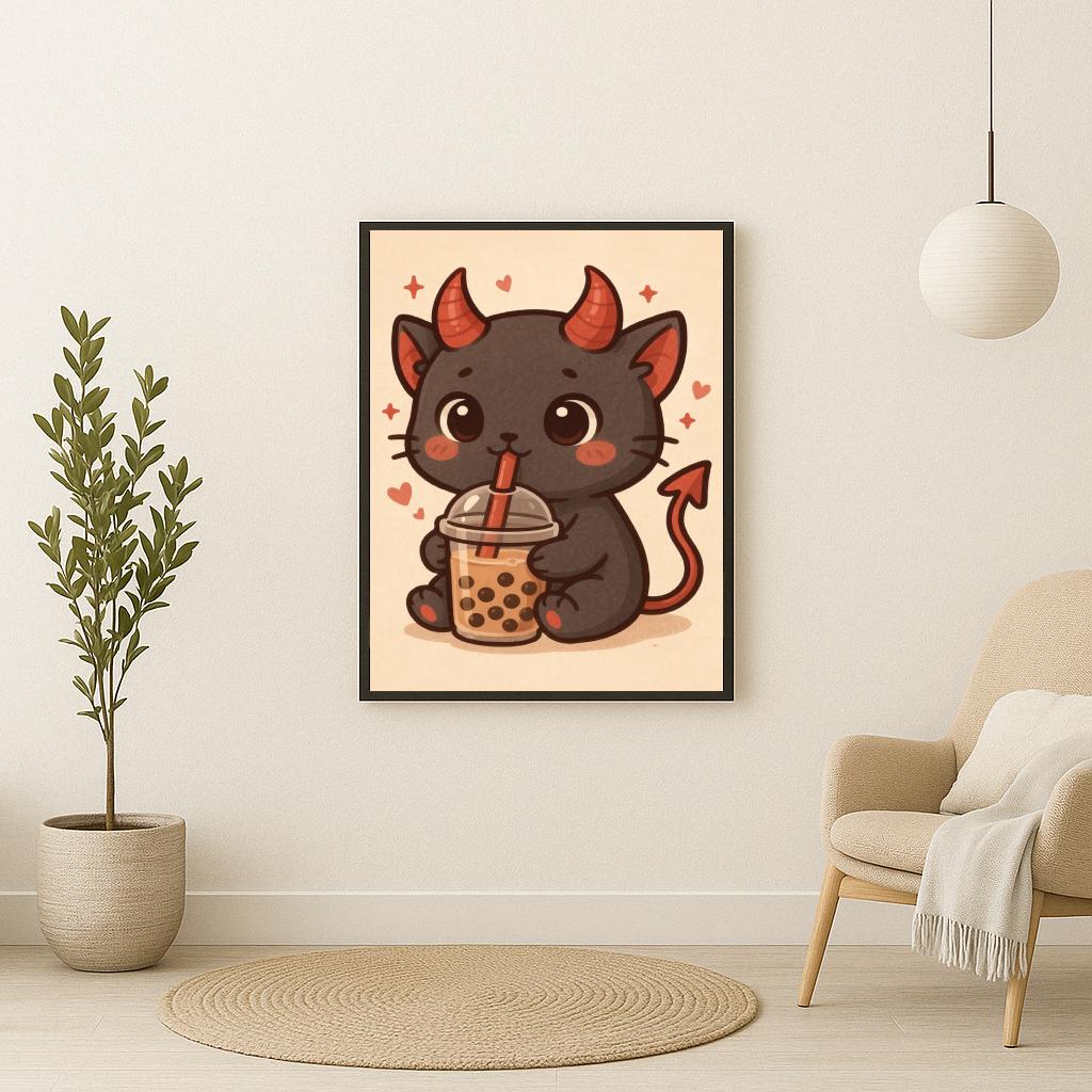 Devil Cat Bubble Tea Cartoon poster sfeerbeeld 2