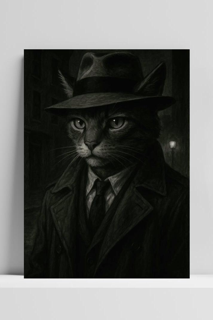 Cat Detective B&W op 3mm aluminium dibond