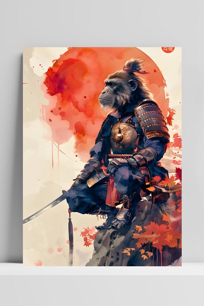 Aquarel Aap Krijger op 3mm aluminium dibond