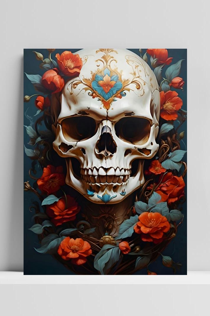 Schedel met Bloemen op 3mm aluminium dibond