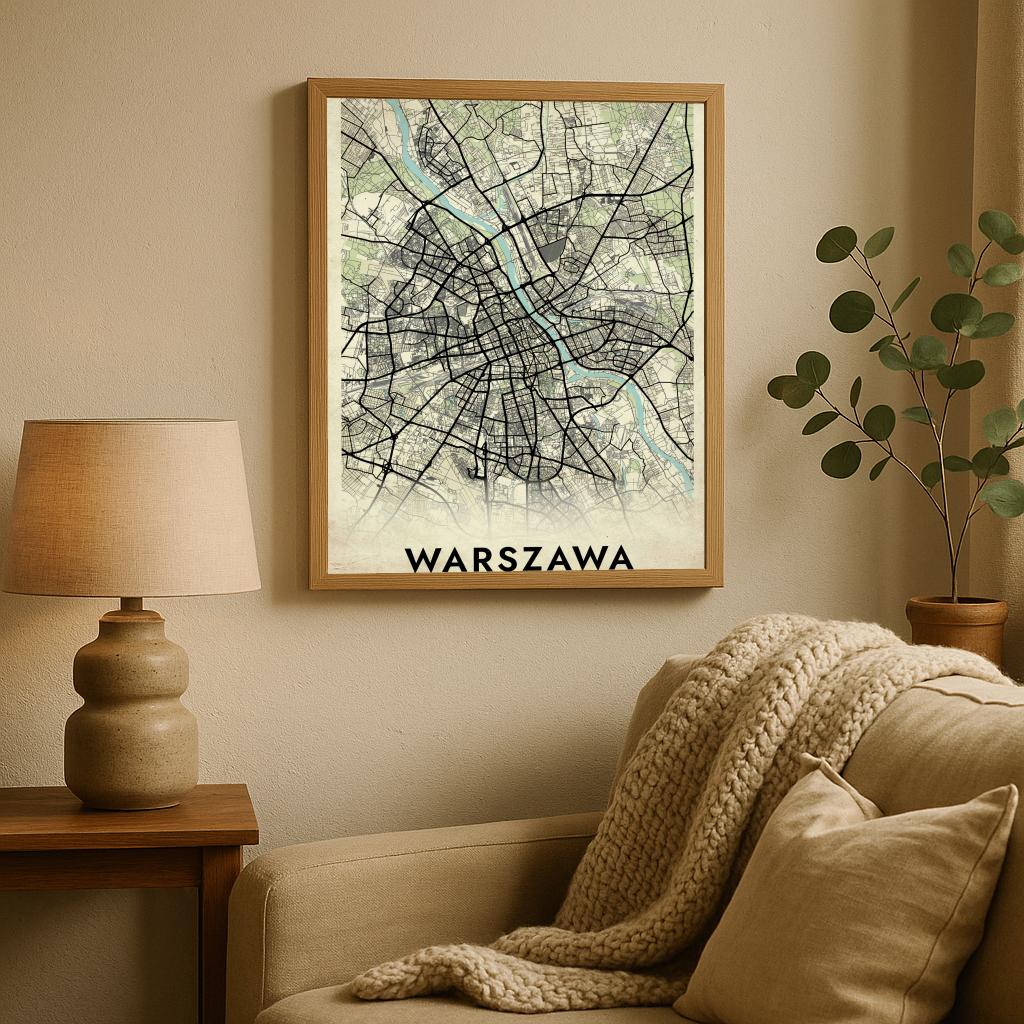 Warszawa Map Polska Vintage poster sfeerbeeld 2