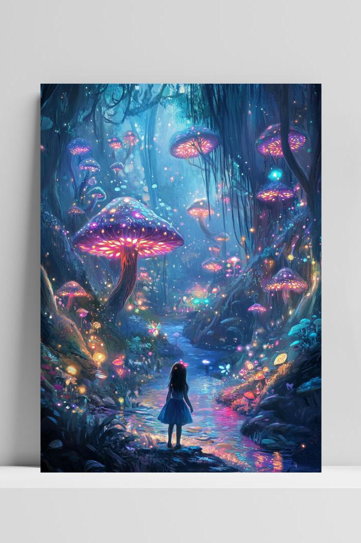 Girl Mushroom Forest op 3mm aluminium dibond