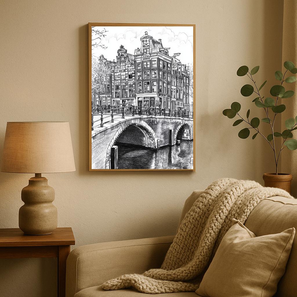 Amsterdam Canal Bridge B&W poster sfeerbeeld 2