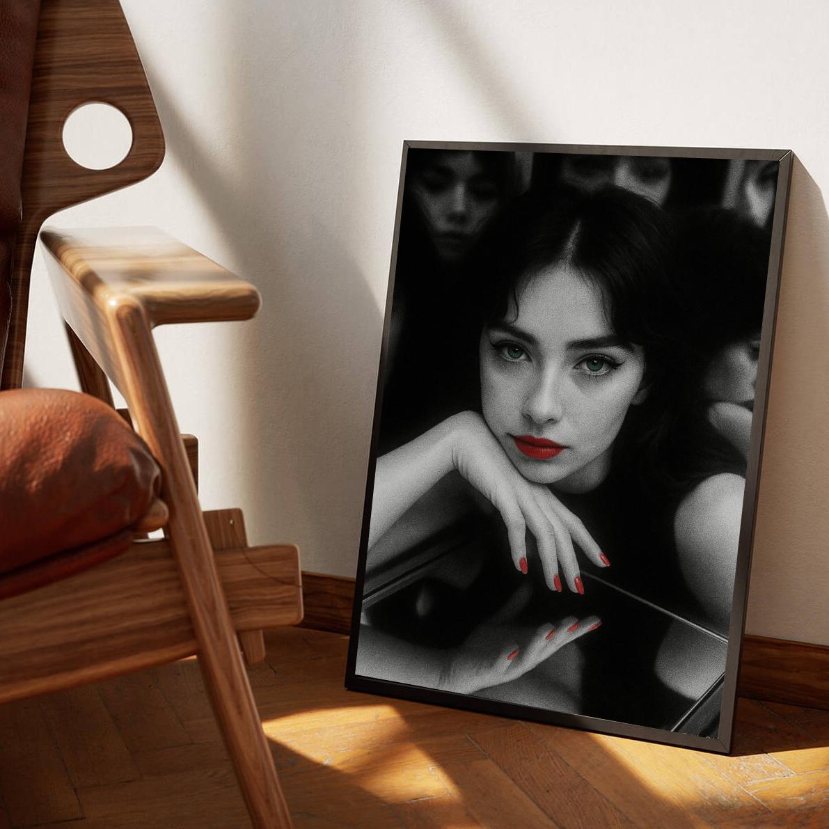 Woman Red Lips Portrait poster sfeerbeeld 3