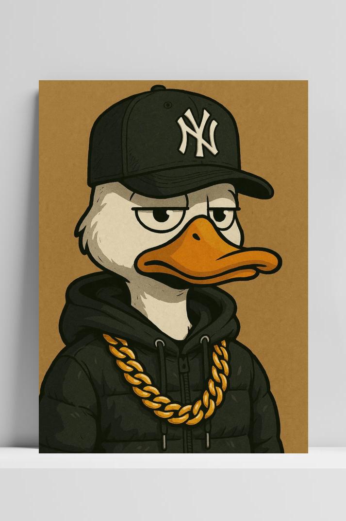 NY Cap Duck Cartoon op 3mm aluminium dibond