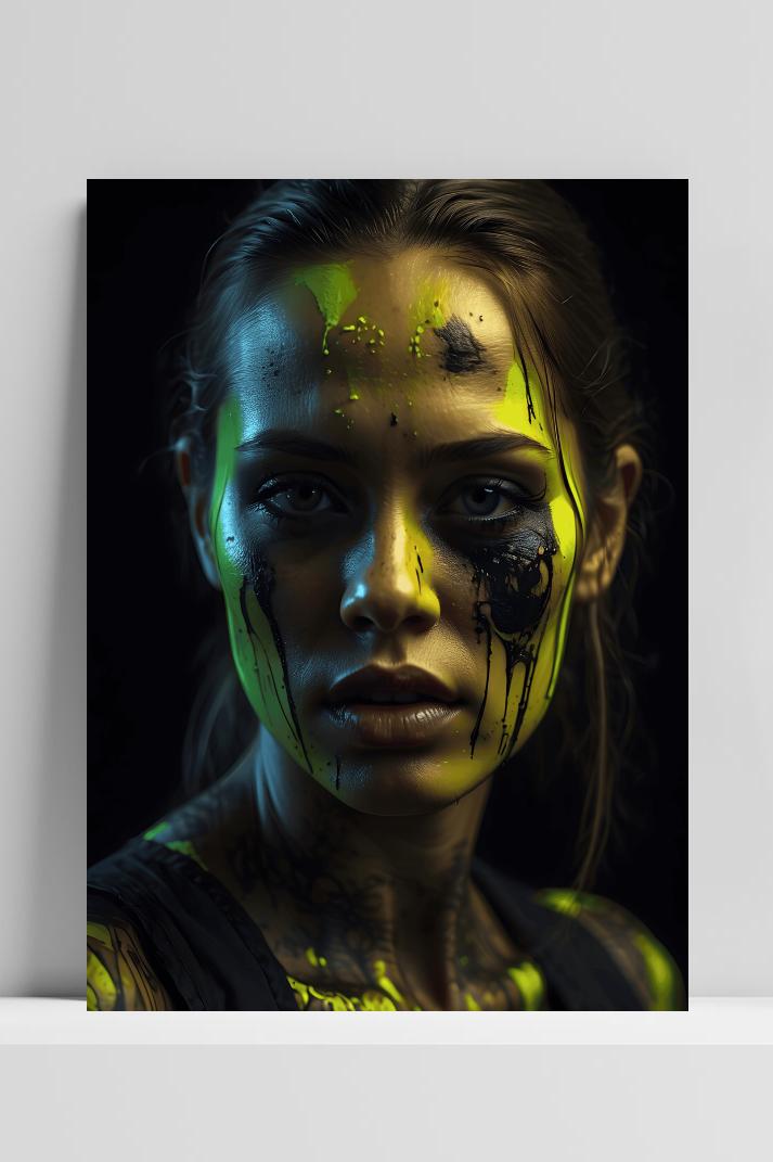 Vrouw Neon Groen op 3mm aluminium dibond