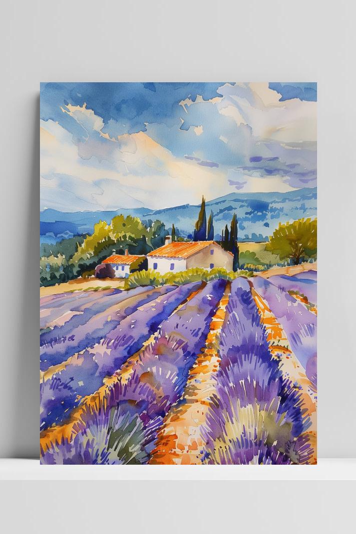Lavendelveld Aquarel op 3mm aluminium dibond
