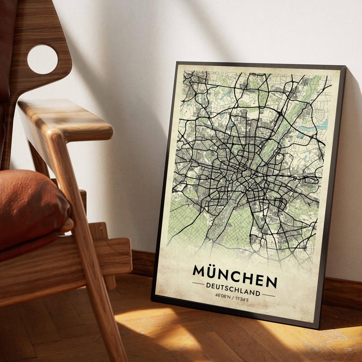 München Map Deutschland Vintage poster sfeerbeeld 1