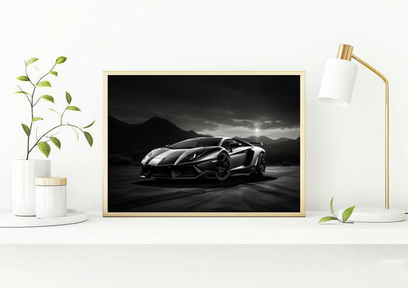 Lambo Zwart Wit Bergen poster sfeerbeeld 1