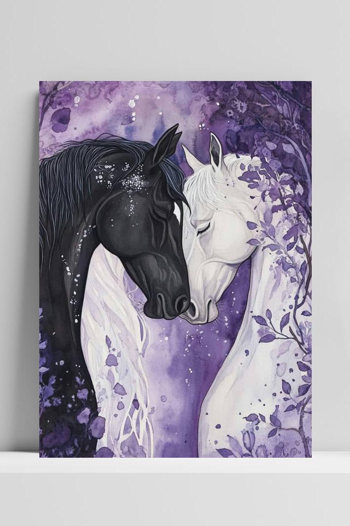 Paarden Koppel Zwart-Wit op 3mm aluminium dibond