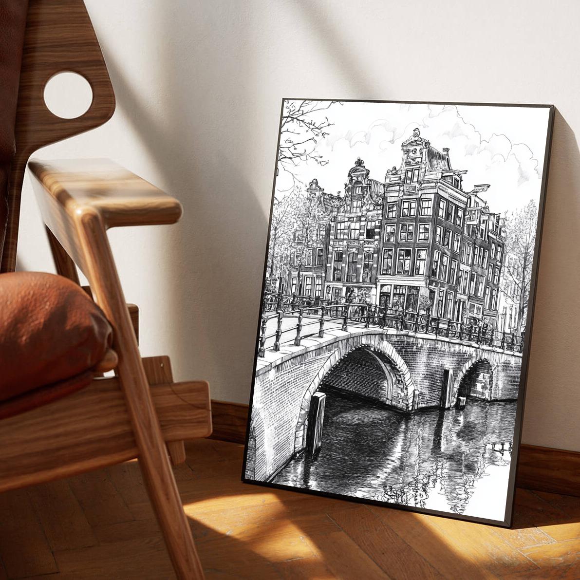 Amsterdam Canal Bridge B&W poster sfeerbeeld 1
