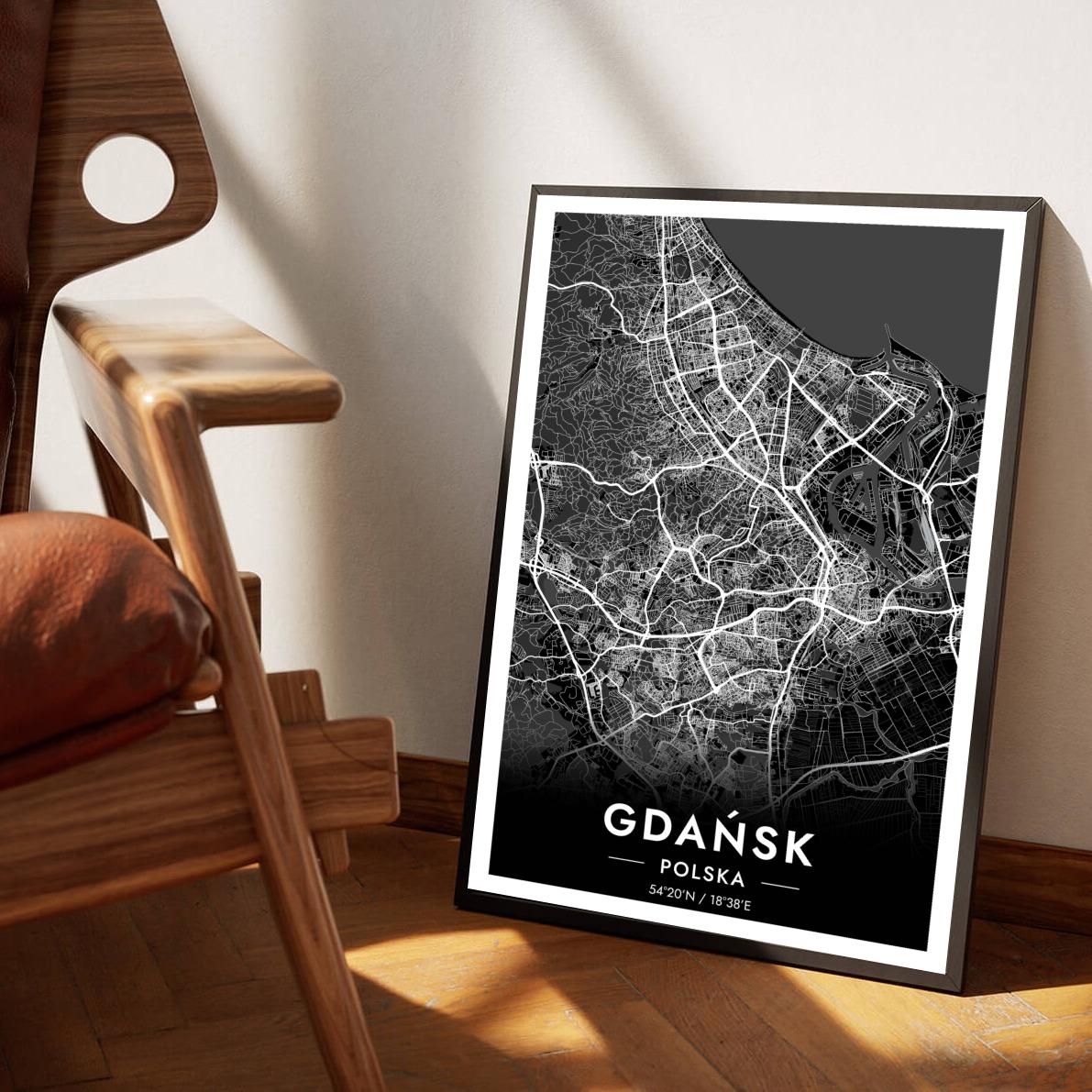Gdańsk Map Polska Black poster sfeerbeeld 1