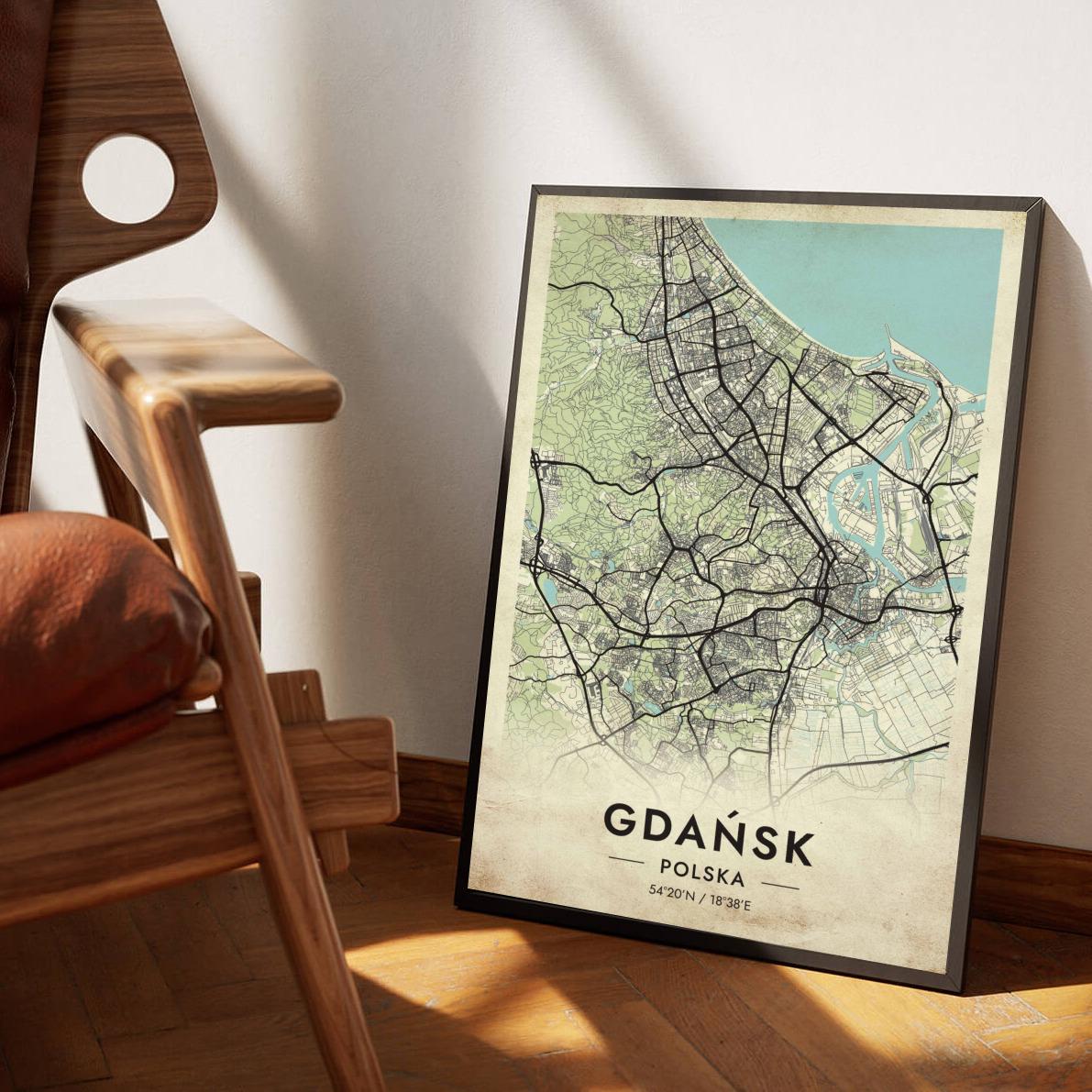 Gdańsk Map Polska Vintage poster sfeerbeeld 1