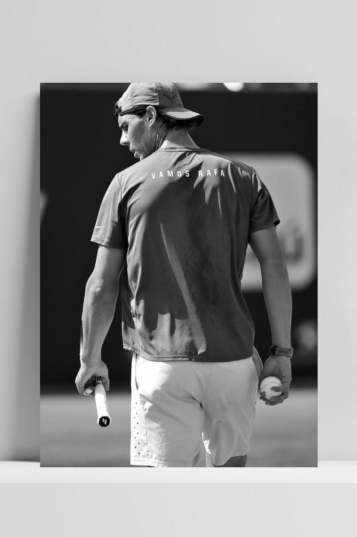 Rafael Nadal Vamos B&W op 3mm aluminium dibond