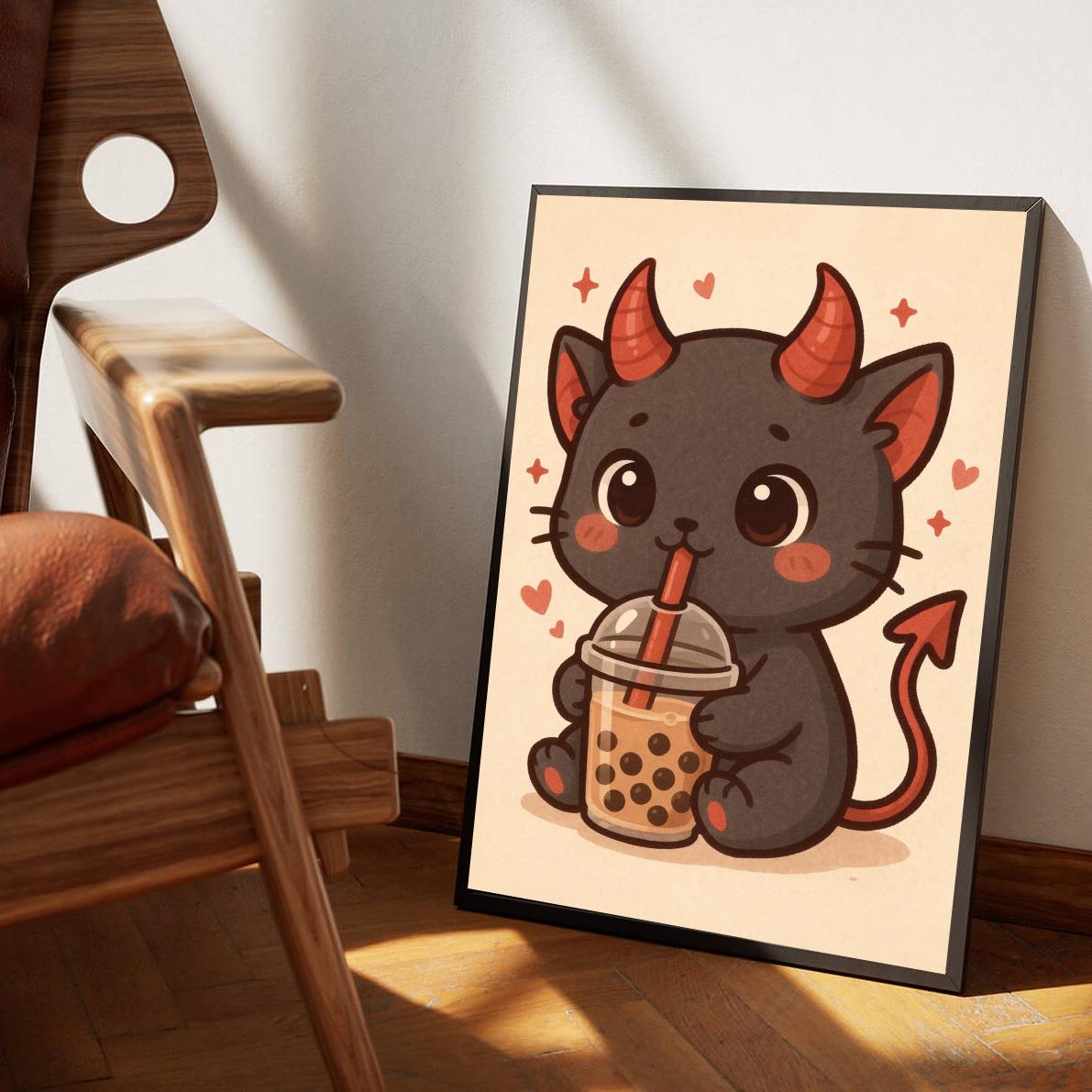 Devil Cat Bubble Tea Cartoon poster sfeerbeeld 3