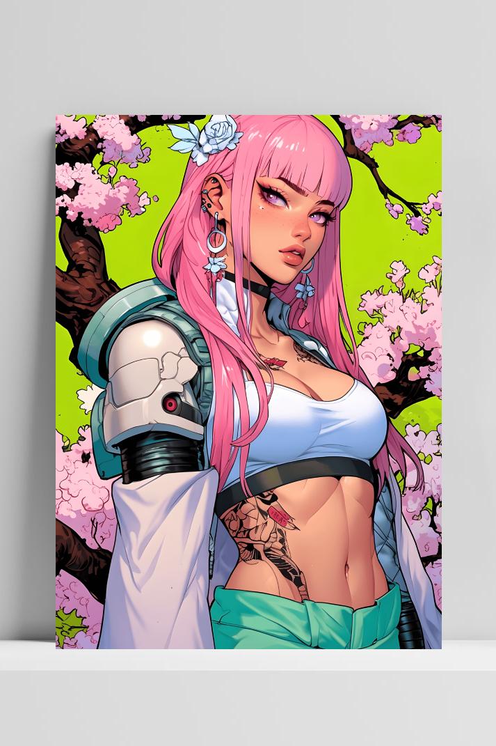 Roze Biomechmeisje op 3mm aluminium dibond