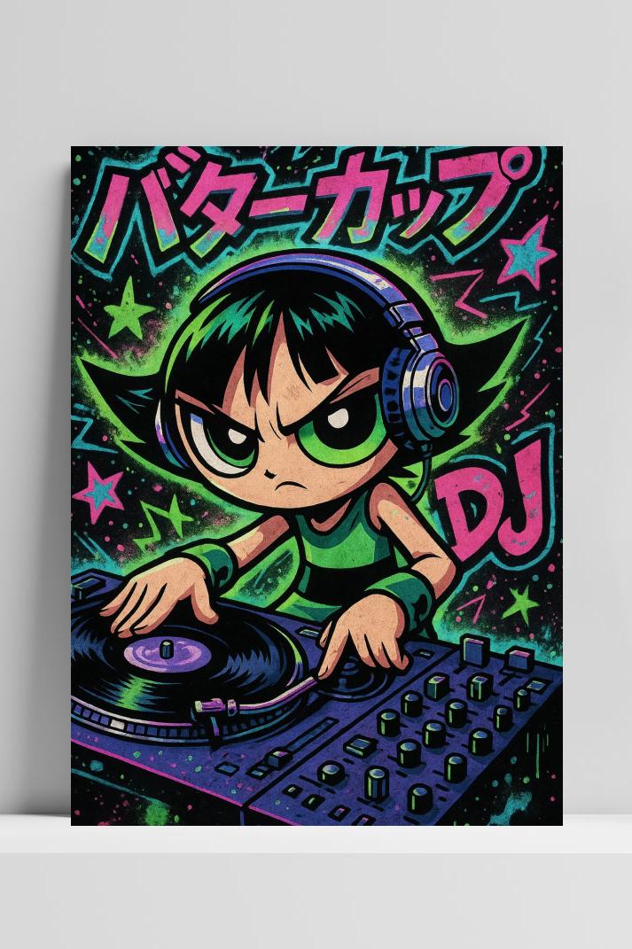 Buttercup Powerpuff Girls DJ op 3mm aluminium dibond