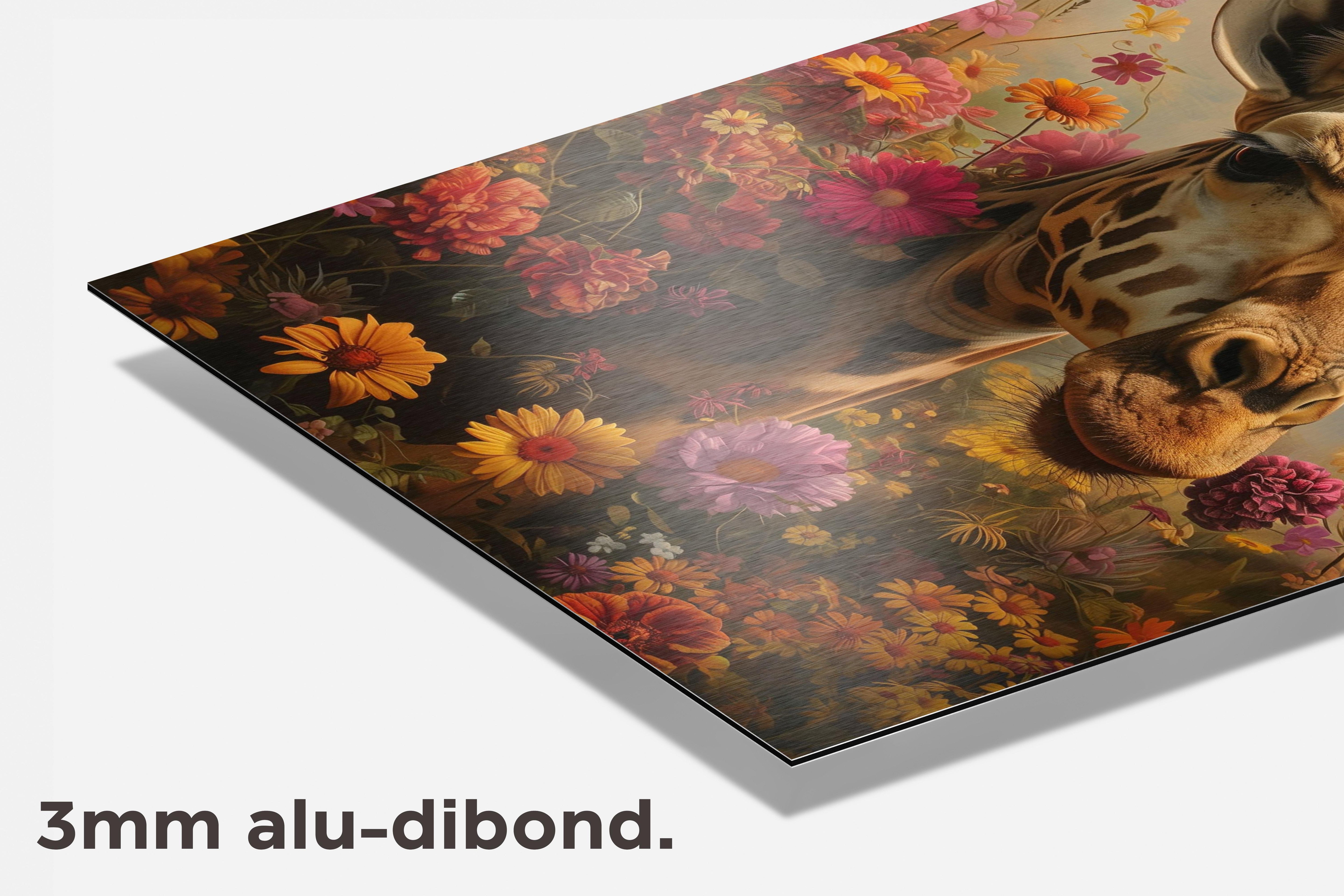 Giraffe in Bloemen dibond detail