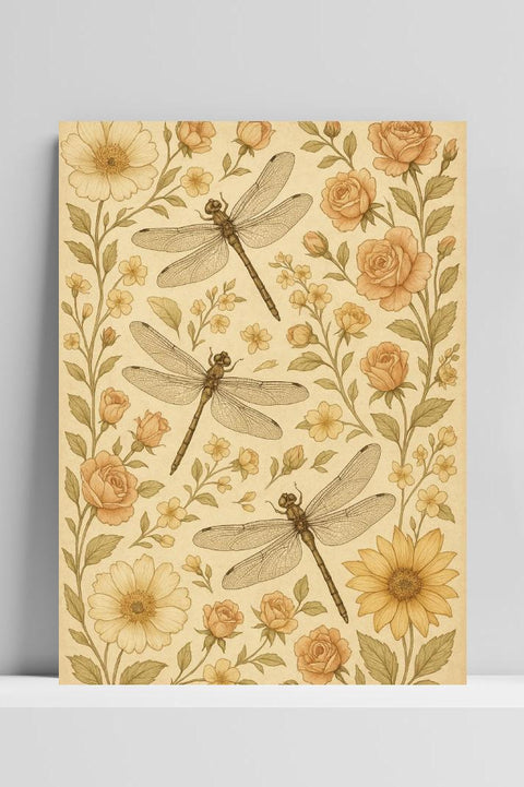 Affiche Dragonflies Flowers Pattern Nature Insects