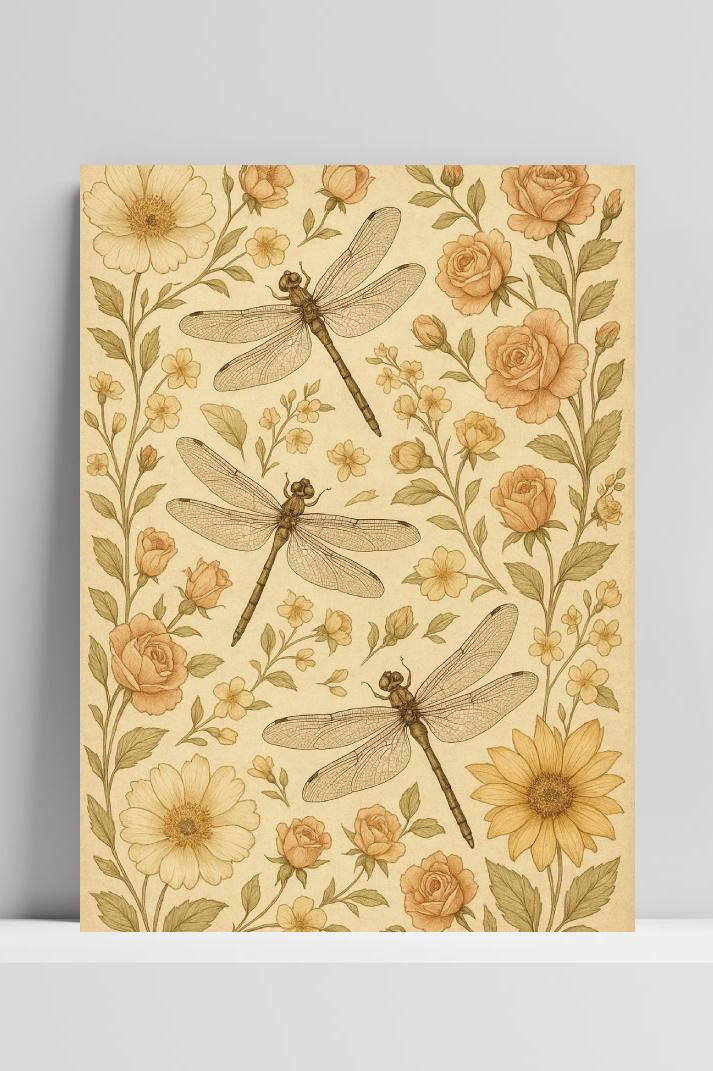 Dragonflies Flowers Pattern Nature Insects poster van 25 Artstreet