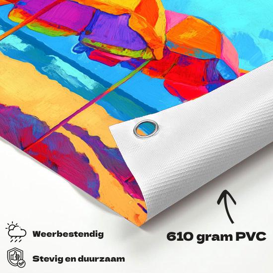 Tuinposter Parasols materiaal-detail: 610 grams weerbestendig PVC-doek