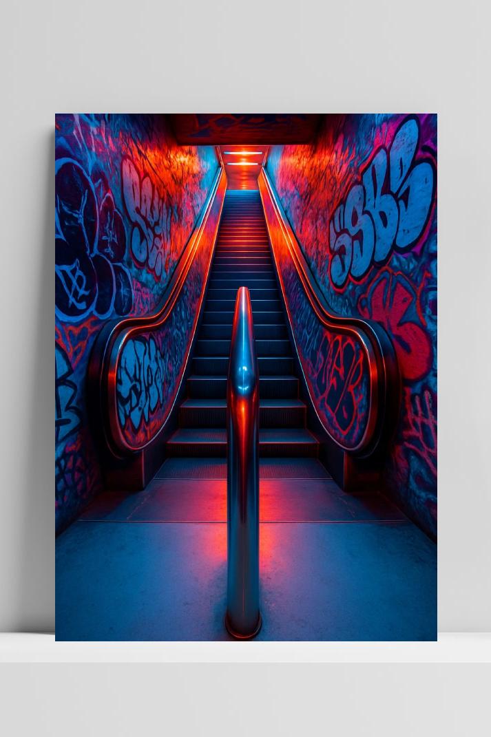 Escalator Subway Graffiti Neon im Interieur