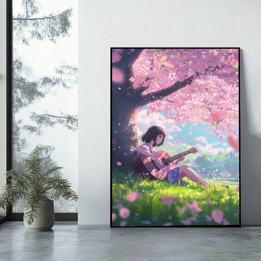 Anime Girl Guitar Cherry Blossom poster sfeerbeeld 1
