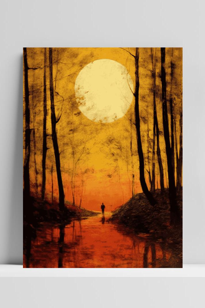 Boswandeling Sunset op 3mm aluminium dibond